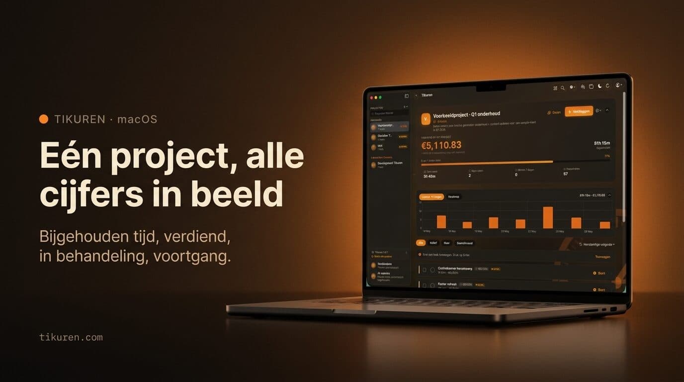 Projectoverzicht: verdiend, in behandeling, getrackte tijd, voortgang en de 14-daagse grafiek.